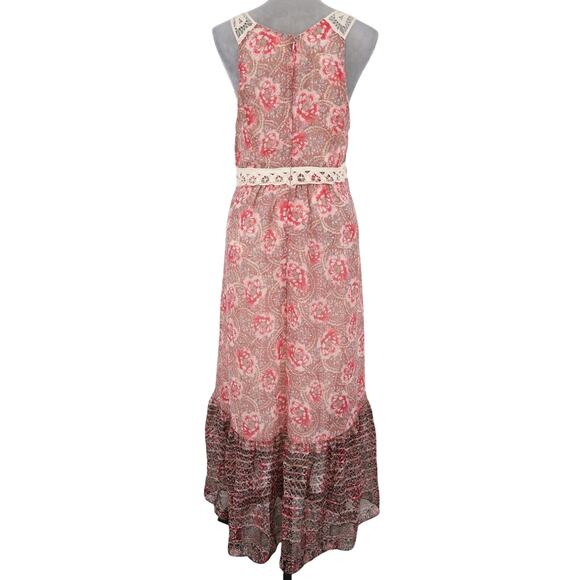 Free People Dress Womens 10 Maxi Ivory Red Pink Floral Lace Trim Lined Chiffon - Picture 2 of 13